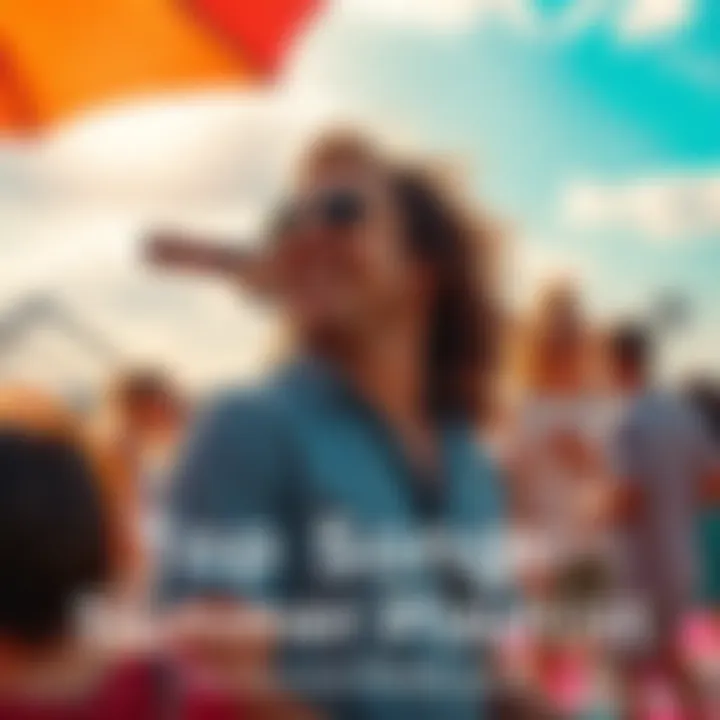 Bright summer scene with a playlist featuring Che songs, sunny skies, and people enjoying music outdoors.