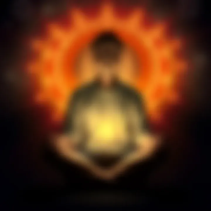 A person sitting cross-legged with closed eyes, surrounded by a soft glow, reflecting on their energy while negative symbols fade in the background.