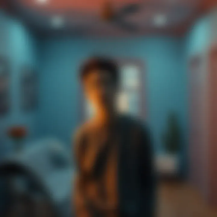An individual stands surprised in a room, looking around with a curious expression after hearing a cheerful voice asking about their age.
