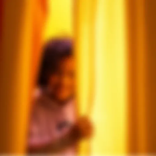 A playful peekaboo scene with a person peeking from behind a bright curtain, smiling to lift moods.