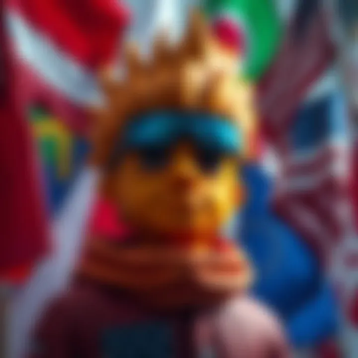 Cheeto Head with flags A figure resembling Cheeto Head surrounded by various national flags, symbolizing confusion about identity.