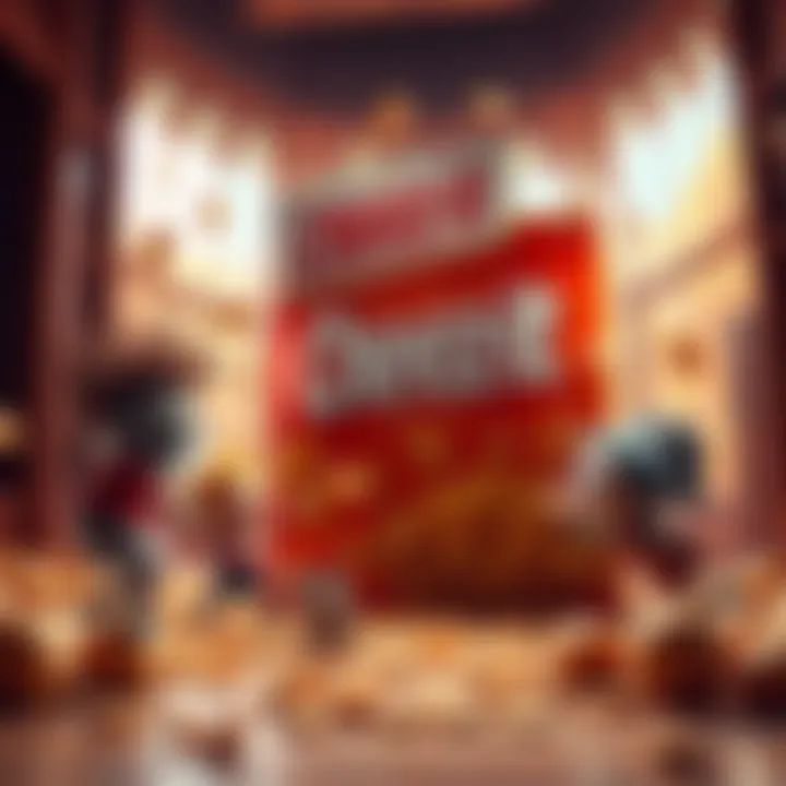 Cheez-it Commercial Scene A surreal scene featuring quirky characters interacting around a giant Cheez-it box, showcasing bizarre elements and playful chaos.
