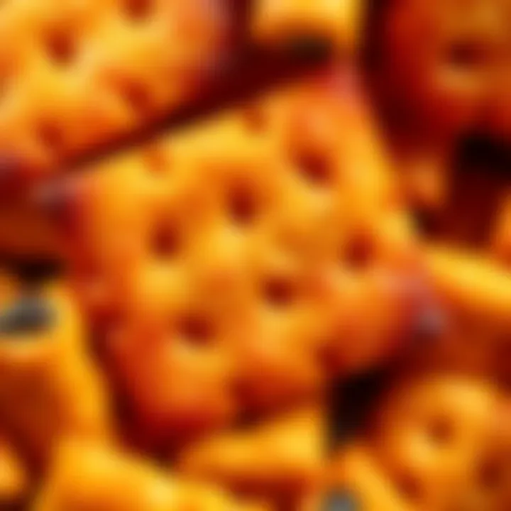 A close-up view of Cheez-It Extra Toasty crackers showing their darker, crispy edges.