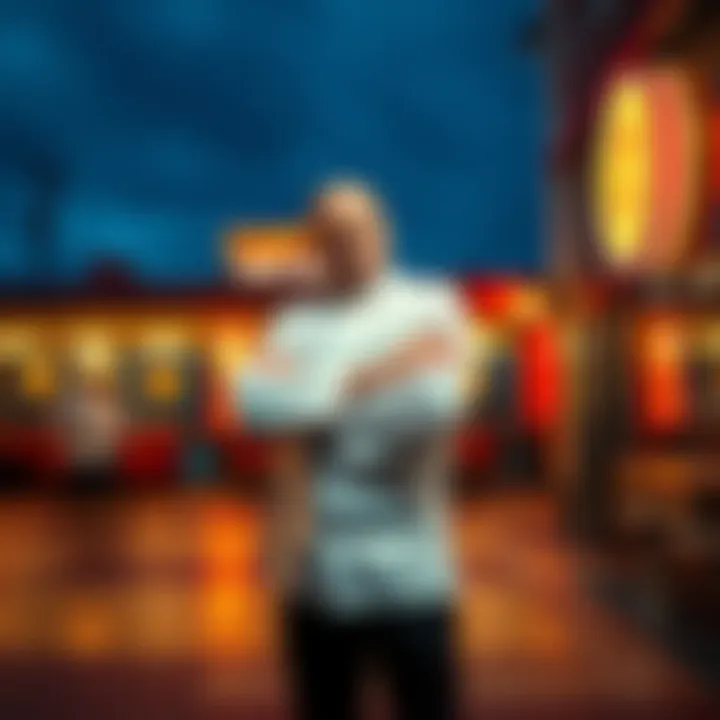 Chef Francis Derby stands with arms crossed, looking concerned, in front of his empty restaurant, symbolizing controversy and loss of social media presence.