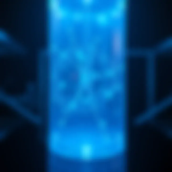 A transparent medium emitting blue light due to particles moving faster than light, illustrating Cherenkov radiation without shadows.