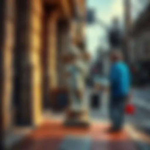 Cherub statue found on street A person standing next to a weathered Cherub statue on the sidewalk, preparing to restore it