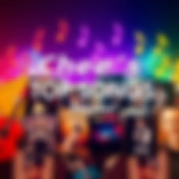 A collage of popular music notes and Che's album covers, representing favorite songs and recommendations, with vibrant colors and musical elements.