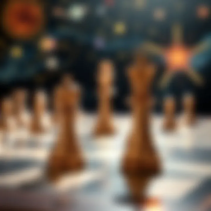 Chess pieces with astrological symbols A chessboard featuring chess pieces adorned with astrological symbols representing Mercury and Rahu, surrounded by celestial elements.