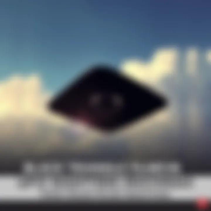 A video still showing a black triangle UFO in the Chicago sky with clouds in the background