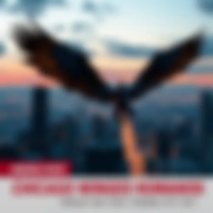 Chicago Winged Humanoid In Flight A winged humanoid figure soaring over the Chicago skyline at dusk, with outstretched wings and a shadowy appearance.