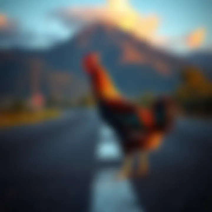 A chicken standing at the edge of a road, contemplating its path