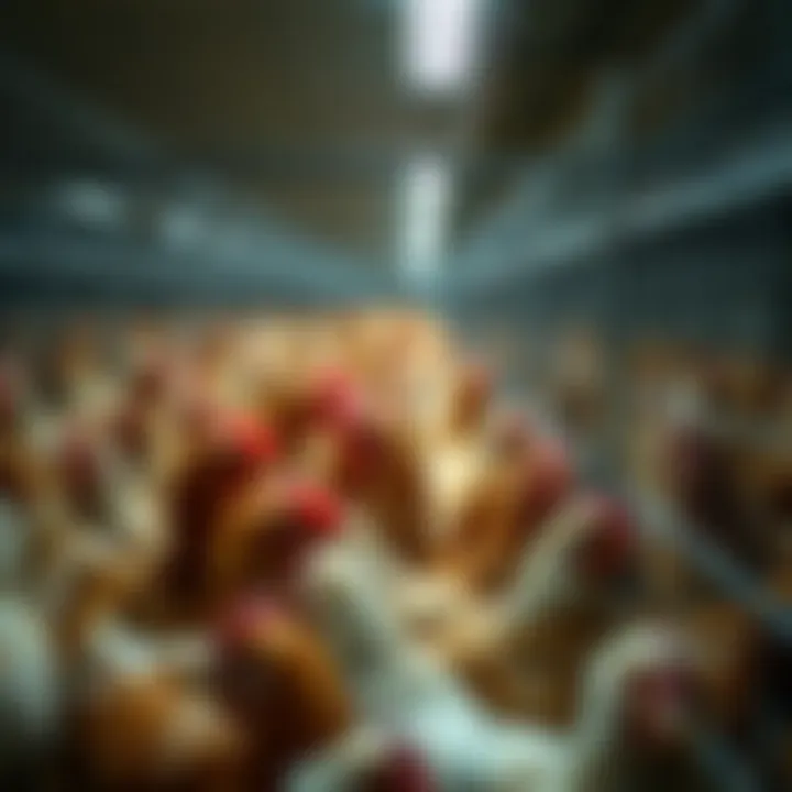 A large group of chickens inside battery cages at a college facility, highlighting their cramped living conditions.
