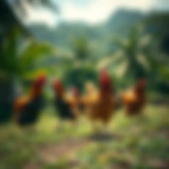 A group of chickens roaming freely in a lush South American landscape, showcasing their cultural significance and natural habitat.