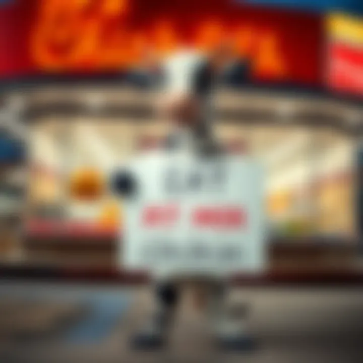 A cow mascot from Chick-fil-A holding a sign that says 'Eat Mor Chikin,' standing in front of a fast-food restaurant