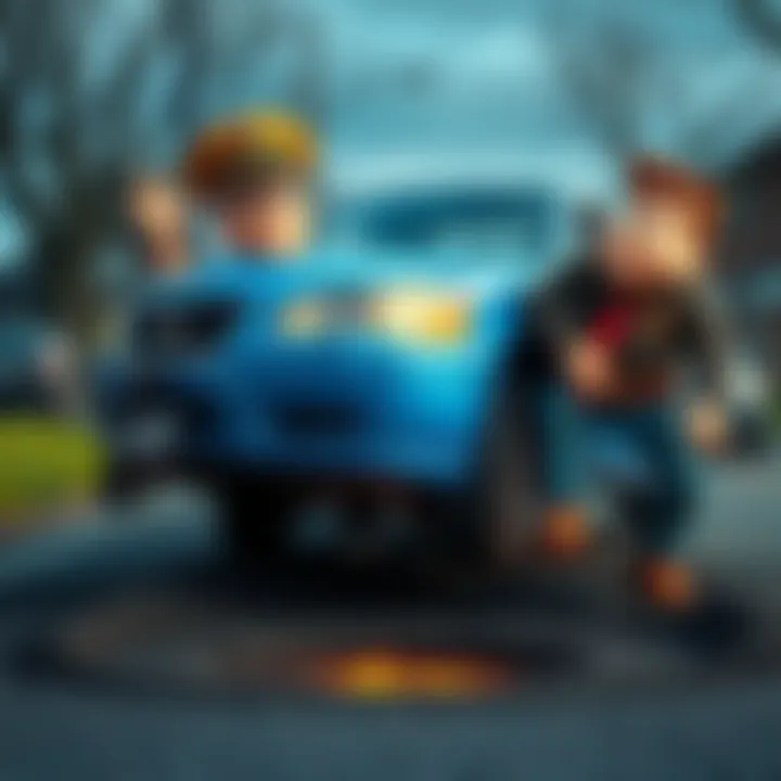 Chief drives into a pothole Chief's car hits a pothole with a damaged front bumper while Shawn reacts humorously with a "my bad" expression