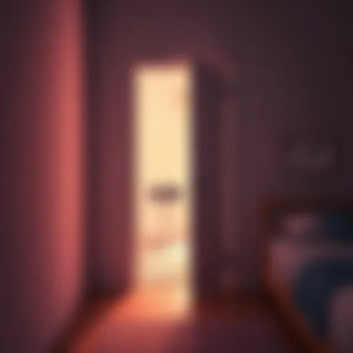 A close-up of a slightly open bedroom door with a soft light shining through, suggesting movement inside