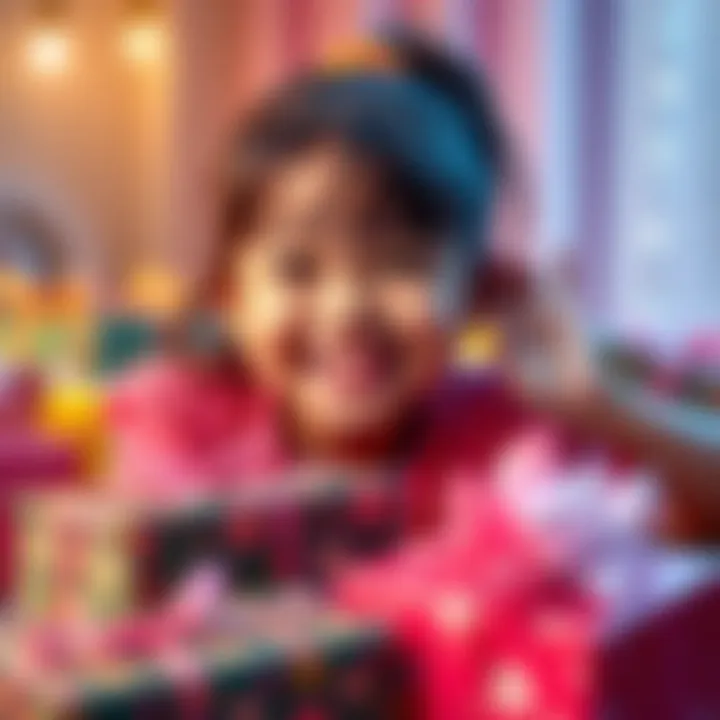 A cheerful five-year-old girl surrounded by colorful birthday gifts, smiling with excitement.