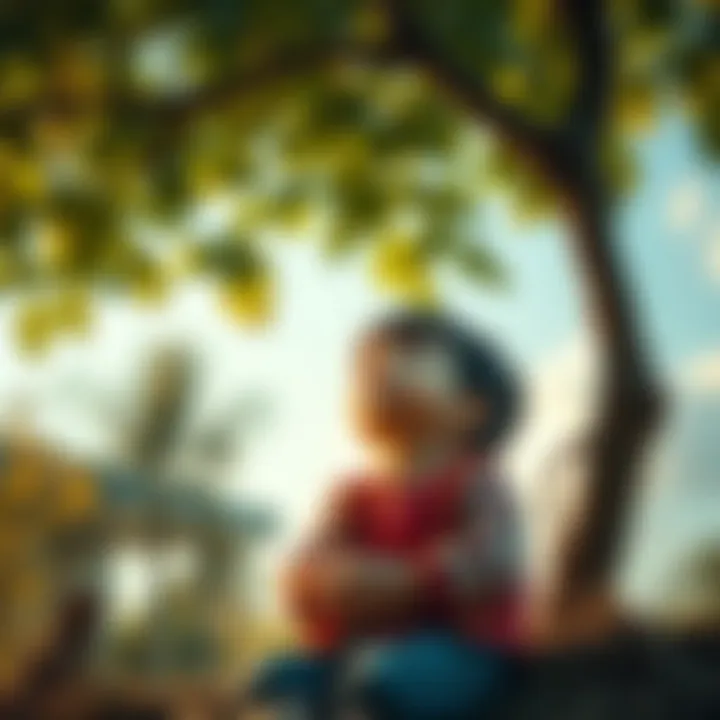 A young child sitting under a tree, looking up with a thoughtful expression, contemplating their dreams and beliefs