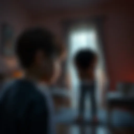 A young child looking frightened as they see a doppelgänger in a dimly lit living room