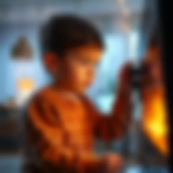 A young child inserting a cable wire into a television, looking determined and curious, with a bright living room in the background.