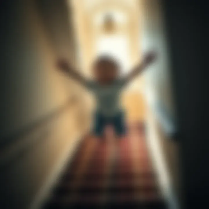 Child Floating Down Stairs A child floats down the stairs of an old house, arms outstretched, looking joyful and carefree.