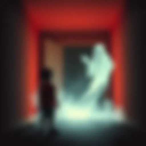 A young child standing in a dimly lit room, gazing at a faint, transparent silhouette resembling a spirit, evoking a sense of wonder and fear.