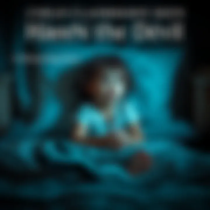 A young girl sitting in bed, looking frightened with wide eyes as darkness surrounds her room. A broken Holy Cross can be seen on the floor nearby.