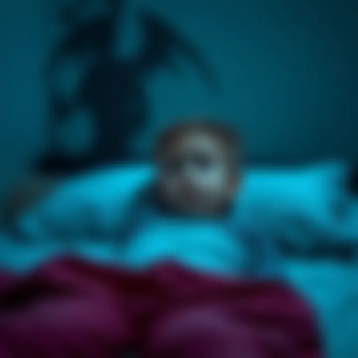 A scared child in bed at night, looking towards a dark shadow in the room that resembles a demon, with a worried expression on his face.