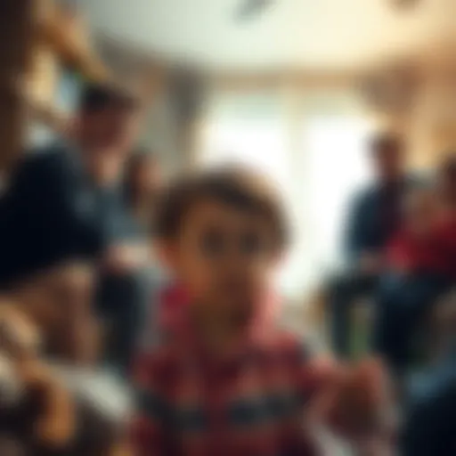 A young child looking distressed among adults arguing in a disorganized home environment