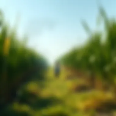 A young child standing alone in a vast sugarcane field, looking thoughtfully into the distance, with a hint of mist in the air suggesting a mysterious atmosphere.