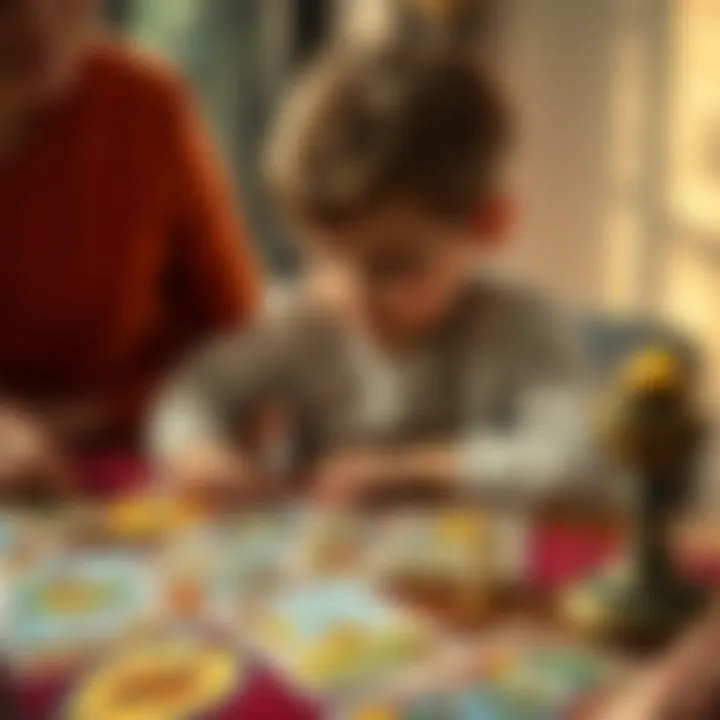 A child sitting at a table with colorful tarot cards spread out, looking curiously at them while an adult guides their understanding.