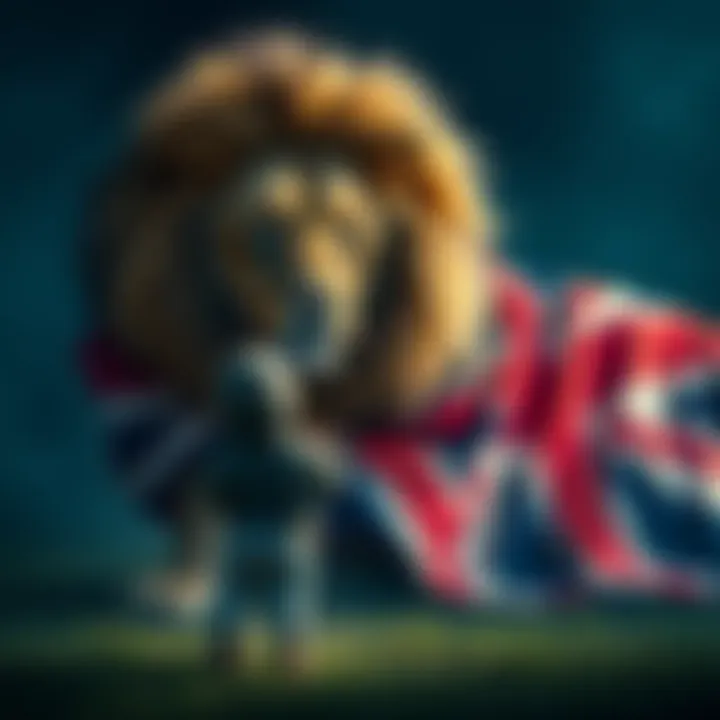 A child stands in front of a sleeping lion wrapped in the Union Jack, trying to wake it up.