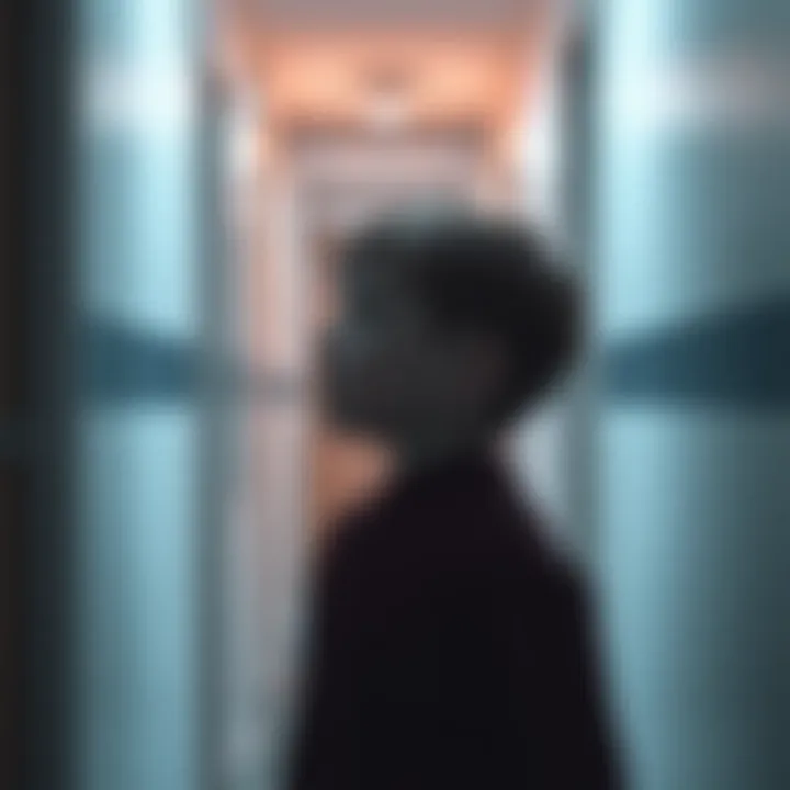 A child stands in a dimly lit hallway, looking frightened while hearing a soft humming sound coming from an unseen source.