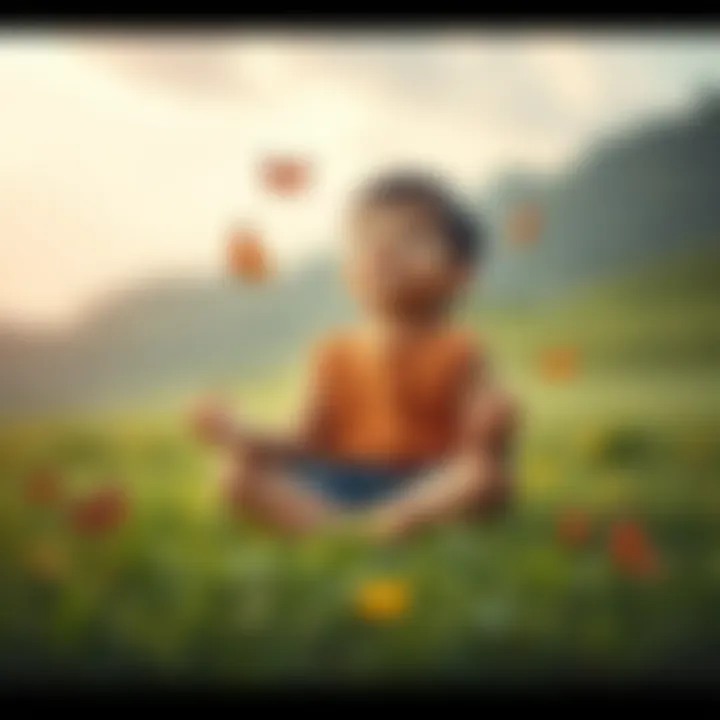 Child Meditating in Nature A young child sits cross-legged on the grass, hands resting on knees, with a peaceful expression and butterflies around, showing joy in meditation.