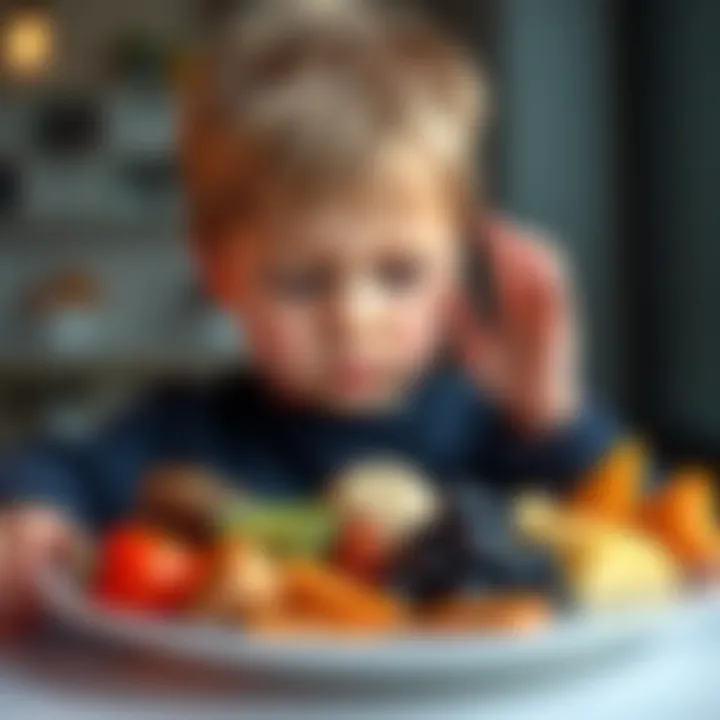 A young child hesitantly looks at a plate with different foods, illustrating picky eating tendencies.
