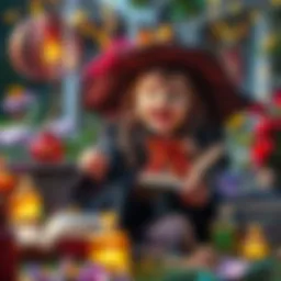 A child dressed as a witch, surrounded by colorful potions and spell books, laughing joyfully in a garden filled with flowers and twinkling lights.