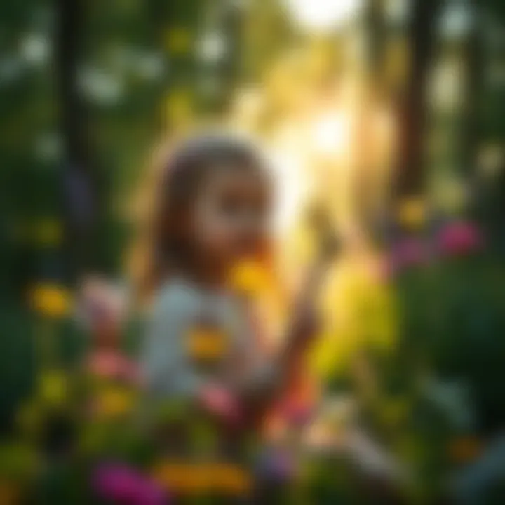 A young girl in a forest holding a small twig wand surrounded by flowers and sunlight, embodying the spirit of childhood witchcraft.