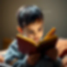 A young child curiously reading a book about telekinesis, looking intrigued and surprised