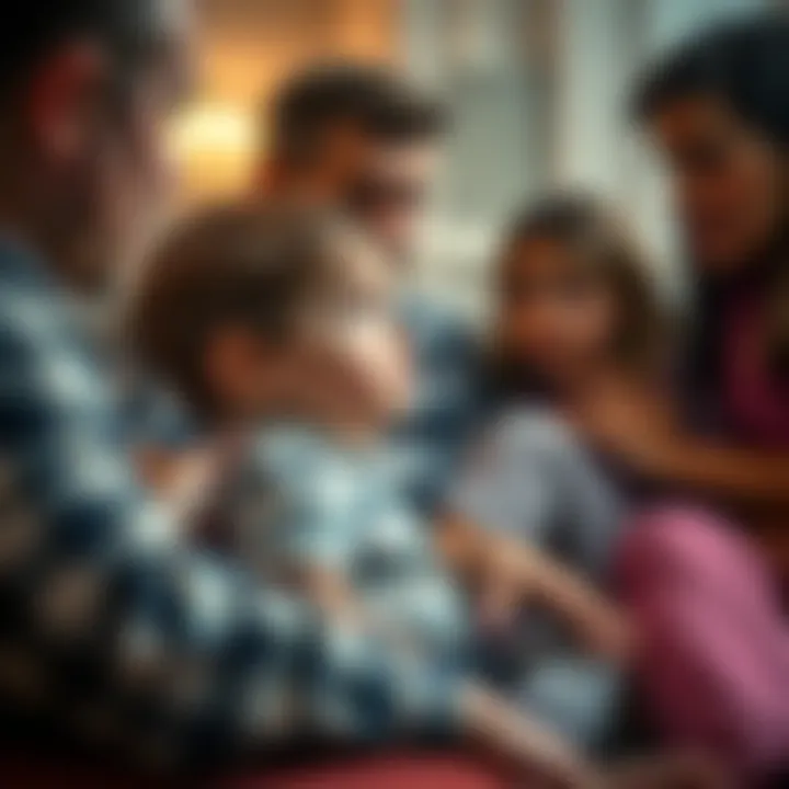 A young child sitting on a couch, looking thoughtful while sharing memories of a past life, surrounded by family members listening intently.