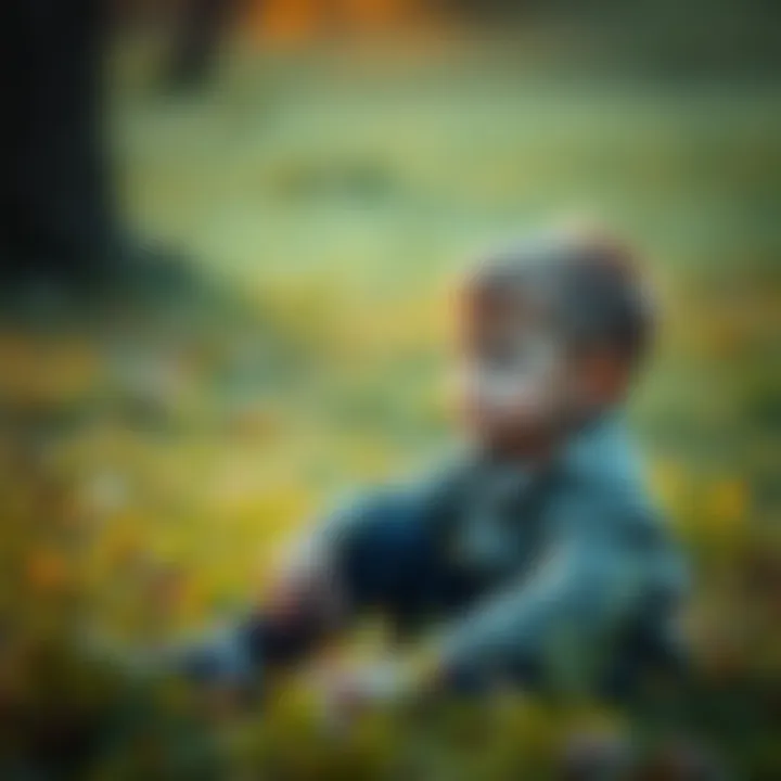 A young boy looking thoughtful while sitting on the grass, with a sad expression, reflecting on his past life memories, surrounded by nature.