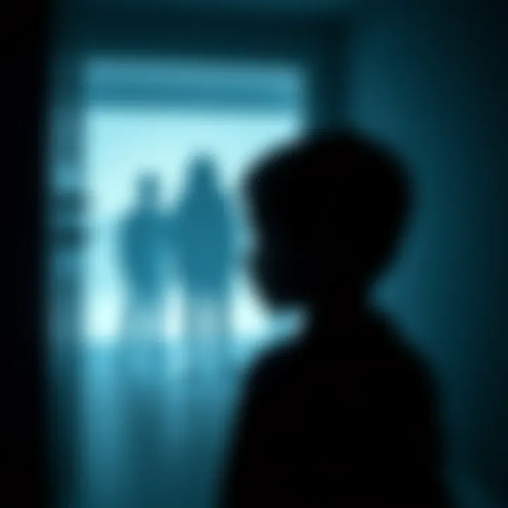 A child looking at shadowy figures in a dimly lit room, depicting their experience of seeing shadow people.