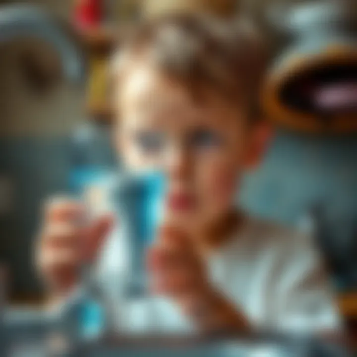 A young child looks unsure while holding a glass of tap water, reflecting hesitation and dislike for drinking it.