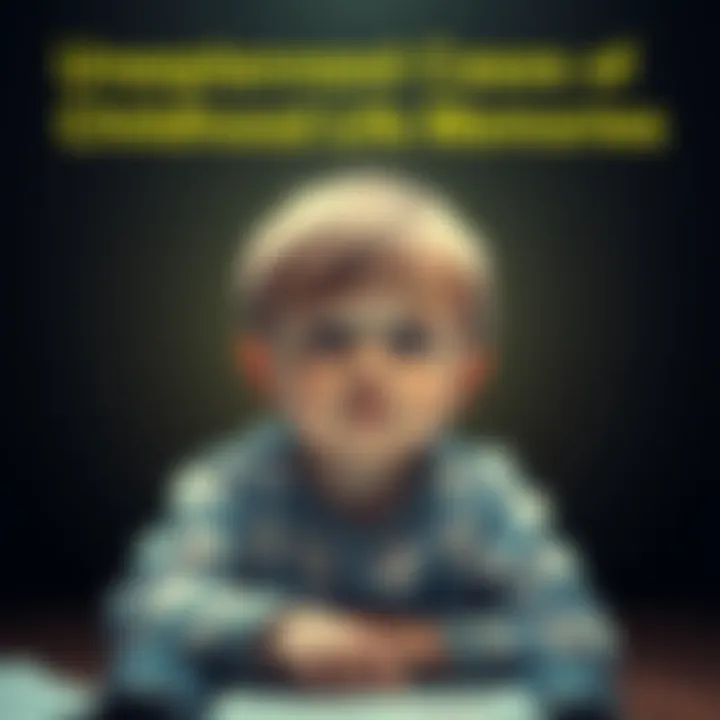 A young child sitting with a pensive look, contemplating memories of past lives, surrounded by a soft glow