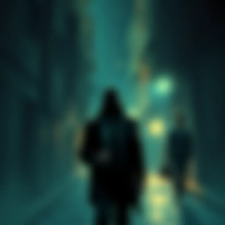 Illustration showing shadowy figures in suits connected to trafficking and drug operations, with a backdrop of dark alleyways