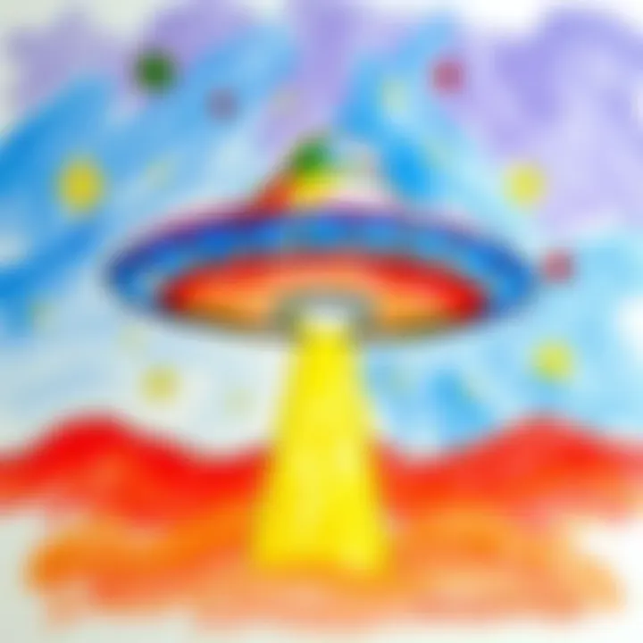 A colorful watercolor drawing of a UFO created by a child, depicting a bright flying saucer with stars and planets in the background.