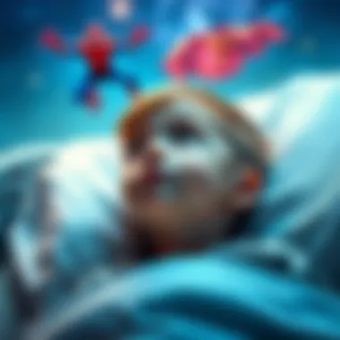 A young child in a hospital bed looks up with wide eyes, seeing bright images of characters like Spider-Man and Superman above them, illustrating a near-death experience.