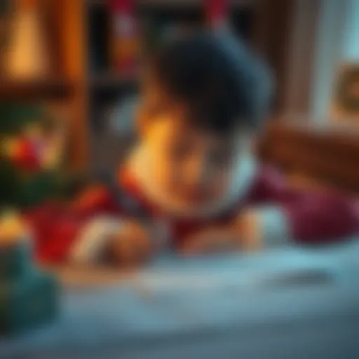 A child sits at a table, writing a letter to Santa with a pen, expressing their wishes while looking thoughtful.