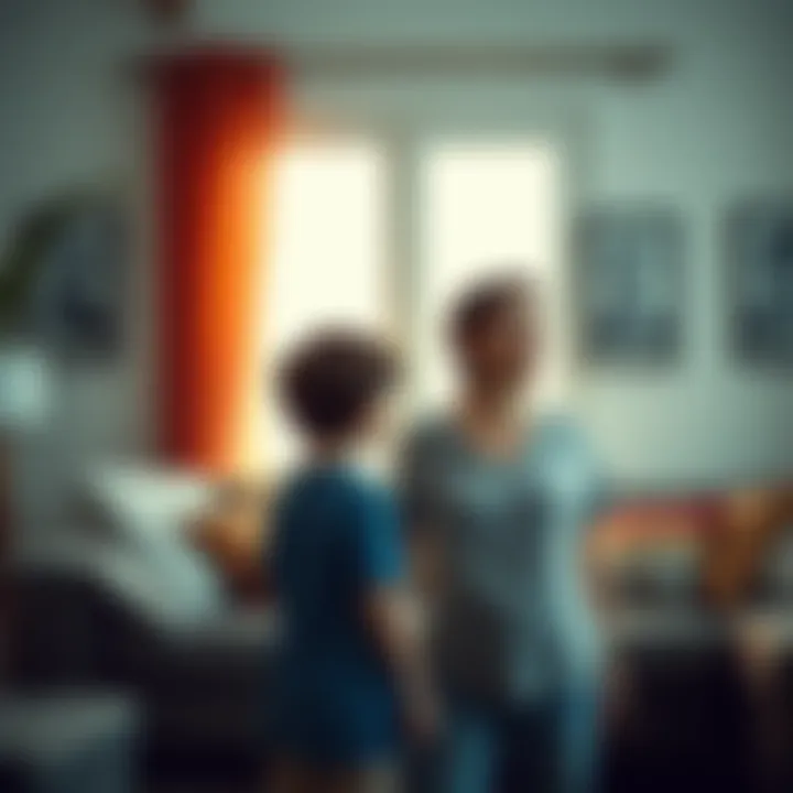 A child standing next to her mother, looking distressed in a living room setting.
