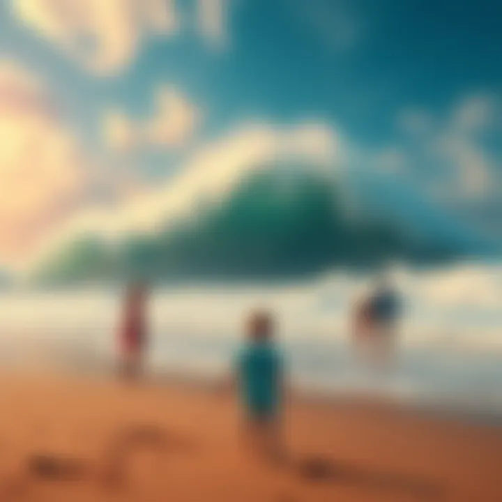 A young child stands on a beach, looking frightened as a large wave looms in the distance, with family members nearby.