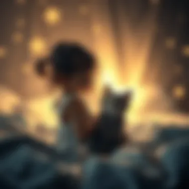 A little girl resembling the dreamer and a cat sit together, surrounded by soft, glowing light, symbolizing memories and emotions tied to family.